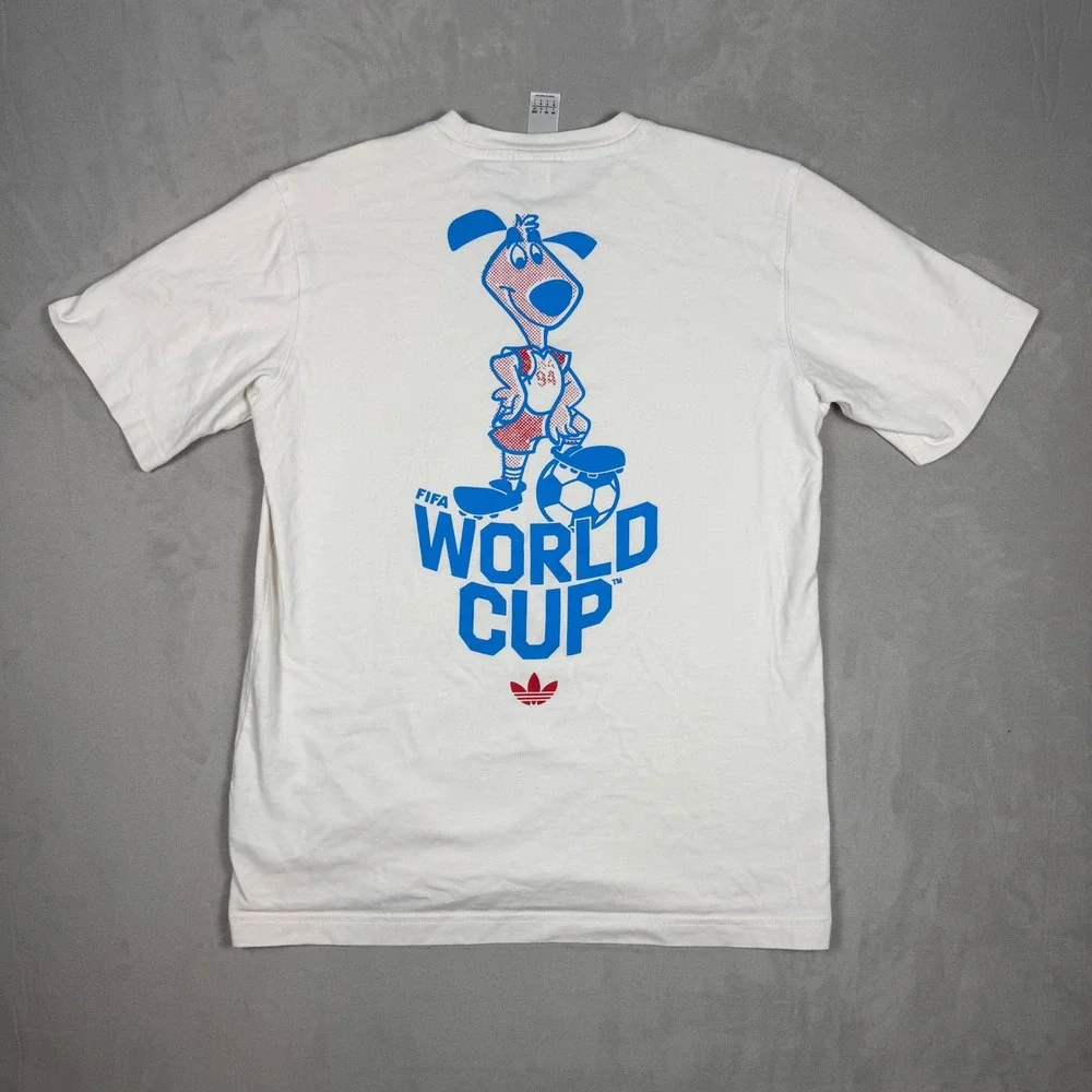 90s Mens Adidas World Cup USA 94 Striker Mascot Graphic Soccer T-Shirt Small